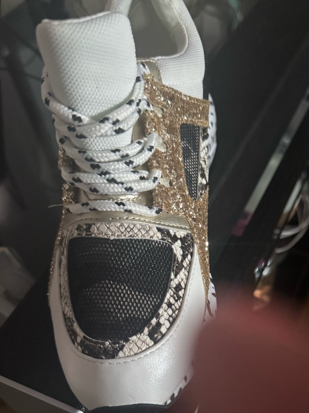 Steve Madden White Sneakers with Gold Glitter & Snake-Print